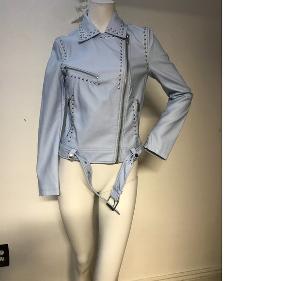 F21 SKY BABY BLUE vegan leather studded biker moto jacket coat blazer NWT - Picture 6 of 13